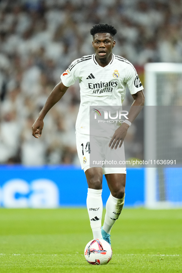 Aurelien Tchouameni defensive midfield of Real Madrid and France during the La Liga match between Real Madrid CF and Deportivo Alavés at Est...