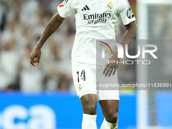 Aurelien Tchouameni defensive midfield of Real Madrid and France during the La Liga match between Real Madrid CF and Deportivo Alavés at Est...