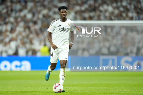 Aurelien Tchouameni defensive midfield of Real Madrid and France during the La Liga match between Real Madrid CF and Deportivo Alavés at Est...