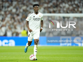 Aurelien Tchouameni defensive midfield of Real Madrid and France during the La Liga match between Real Madrid CF and Deportivo Alavés at Est...