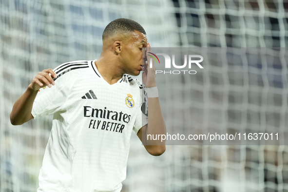 Kylian Mbappe centre-forward of Real Madrid and France reacts during the La Liga match between Real Madrid CF and Deportivo Alavés at Estadi...