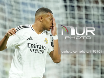 Kylian Mbappe centre-forward of Real Madrid and France reacts during the La Liga match between Real Madrid CF and Deportivo Alavés at Estadi...