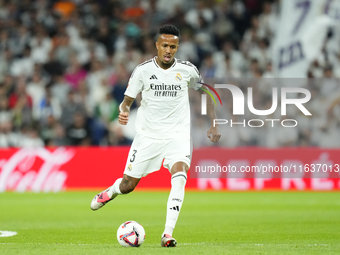 Eder Militao centre-back of Real Madrid and Brazil during the La Liga match between Real Madrid CF and Deportivo Alavés at Estadio Santiago...