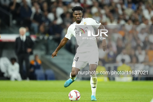 Aurelien Tchouameni defensive midfield of Real Madrid and France during the La Liga match between Real Madrid CF and Deportivo Alavés at Est...