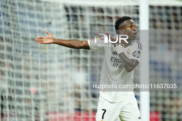 Vinicius Junior left winger of Real Madrid and Brazil protest to referee during the La Liga match between Real Madrid CF and Deportivo Alavé...