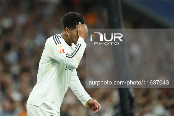 Jude Bellingham central midfield of Real Madrid and England reacts during the La Liga match between Real Madrid CF and Deportivo Alavés at E...