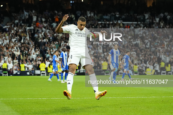 Kylian Mbappe centre-forward of Real Madrid and France celebrates after scoring his sides first goal during the La Liga match between Real M...