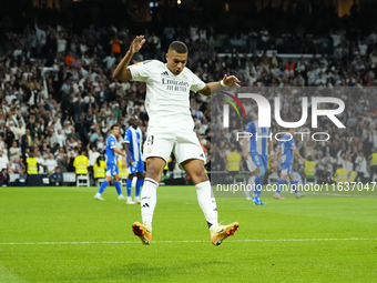 Kylian Mbappe centre-forward of Real Madrid and France celebrates after scoring his sides first goal during the La Liga match between Real M...