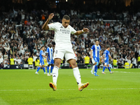 Kylian Mbappe centre-forward of Real Madrid and France celebrates after scoring his sides first goal during the La Liga match between Real M...