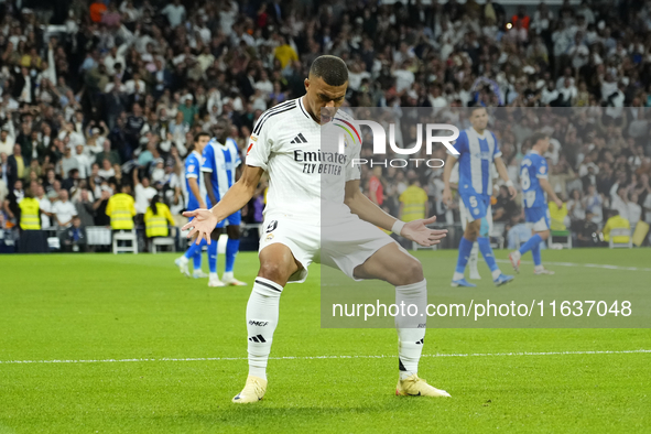 Kylian Mbappe centre-forward of Real Madrid and France celebrates after scoring his sides first goal during the La Liga match between Real M...