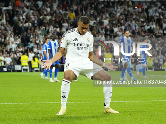 Kylian Mbappe centre-forward of Real Madrid and France celebrates after scoring his sides first goal during the La Liga match between Real M...