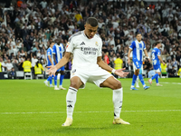 Kylian Mbappe centre-forward of Real Madrid and France celebrates after scoring his sides first goal during the La Liga match between Real M...