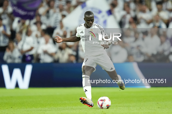 Ferland Mendy left-back of Real Madrid and France does passed during the La Liga match between Real Madrid CF and Deportivo Alavés at Estadi...