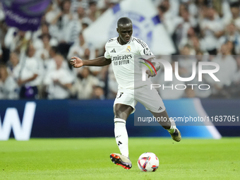 Ferland Mendy left-back of Real Madrid and France does passed during the La Liga match between Real Madrid CF and Deportivo Alavés at Estadi...