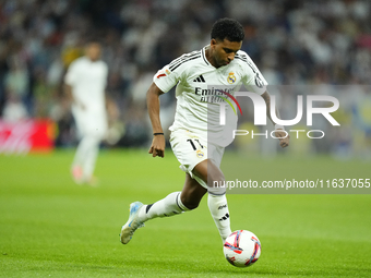 Rodrygo Goes right winger of Real Madrid and Brazil during the La Liga match between Real Madrid CF and Deportivo Alavés at Estadio Santiago...