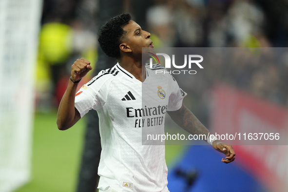 Rodrygo Goes right winger of Real Madrid and Brazil celebrates after scoring his sides first goal during the La Liga match between Real Madr...