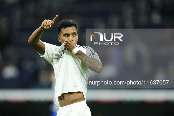 Rodrygo Goes right winger of Real Madrid and Brazil celebrates after scoring his sides first goal during the La Liga match between Real Madr...