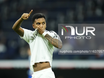 Rodrygo Goes right winger of Real Madrid and Brazil celebrates after scoring his sides first goal during the La Liga match between Real Madr...