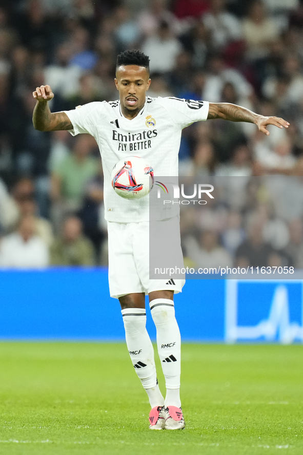 Eder Militao centre-back of Real Madrid and Brazil during the La Liga match between Real Madrid CF and Deportivo Alavés at Estadio Santiago...