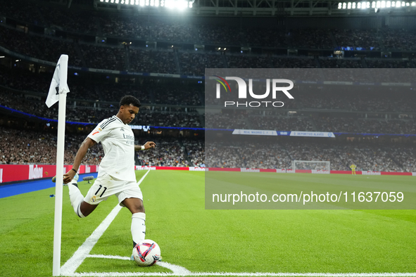 Rodrygo Goes right winger of Real Madrid and Brazil during the La Liga match between Real Madrid CF and Deportivo Alavés at Estadio Santiago...