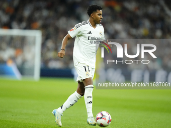 Rodrygo Goes right winger of Real Madrid and Brazil during the La Liga match between Real Madrid CF and Deportivo Alavés at Estadio Santiago...