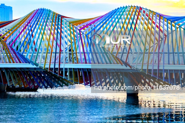 The Rainbow Bridge is seen by Tangdao Bay in the West Coast New Area of Qingdao, Shandong province, China, on October 5, 2024. 