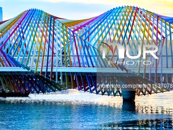 The Rainbow Bridge is seen by Tangdao Bay in the West Coast New Area of Qingdao, Shandong province, China, on October 5, 2024. (