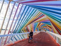 The Rainbow Bridge is seen by Tangdao Bay in the West Coast New Area of Qingdao, Shandong province, China, on October 5, 2024. (