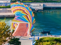 The Rainbow Bridge is seen by Tangdao Bay in the West Coast New Area of Qingdao, Shandong province, China, on October 5, 2024. (