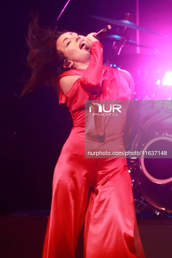 Jass Reyes, singer of the Mexican pop band Playa Limbo, performs on stage as part of their tour to promote the new album ''Hora Cero'' at th...