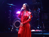 Jass Reyes, singer of the Mexican pop band Playa Limbo, performs on stage as part of their tour to promote the new album ''Hora Cero'' at th...