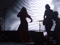 Jass Reyes, singer of the Mexican pop band Playa Limbo, performs on stage as part of their tour to promote the new album ''Hora Cero'' at th...