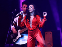 Jass Reyes, singer of the Mexican pop band Playa Limbo, performs on stage as part of their tour to promote the new album ''Hora Cero'' at th...