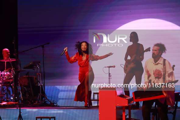 Jass Reyes, singer of the Mexican pop band Playa Limbo, performs on stage as part of their tour to promote the new album ''Hora Cero'' at th...