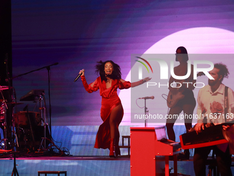 Jass Reyes, singer of the Mexican pop band Playa Limbo, performs on stage as part of their tour to promote the new album ''Hora Cero'' at th...