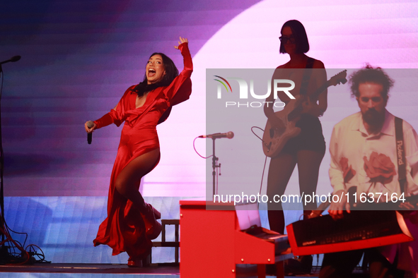 Jass Reyes, singer of the Mexican pop band Playa Limbo, performs on stage as part of their tour to promote the new album ''Hora Cero'' at th...