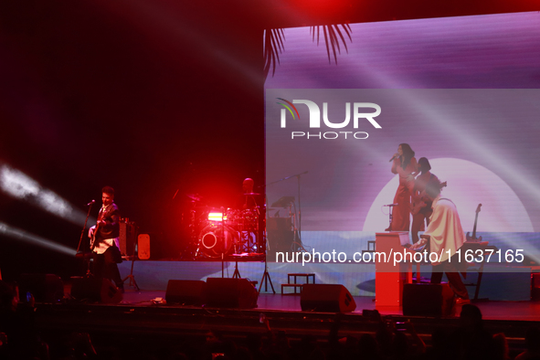 Jass Reyes, singer of the Mexican pop band Playa Limbo, performs on stage as part of their tour to promote the new album ''Hora Cero'' at th...