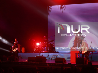 Jass Reyes, singer of the Mexican pop band Playa Limbo, performs on stage as part of their tour to promote the new album ''Hora Cero'' at th...