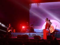 Jass Reyes, singer of the Mexican pop band Playa Limbo, performs on stage as part of their tour to promote the new album ''Hora Cero'' at th...