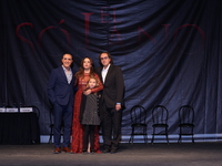 (L-R) Luis Felipe Tovar, Ana Claudia Talancon, Camila Suarez, and Rafael Perrin pose for photos during the 'El Sotano' press conference at T...