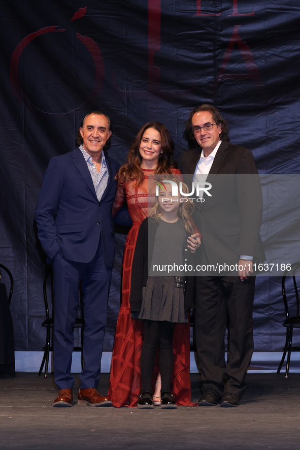 (L-R) Luis Felipe Tovar, Ana Claudia Talancon, Camila Suarez, and Rafael Perrin pose for photos during the 'El Sotano' press conference at T...