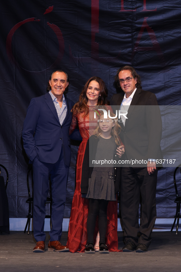 (L-R) Luis Felipe Tovar, Ana Claudia Talancon, Camila Suarez, and Rafael Perrin pose for photos during the 'El Sotano' press conference at T...