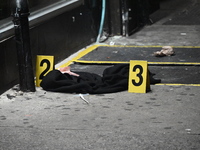 New York City Police Department crime scene investigators mark evidence discovered at the scene where former Governor of New York David Pate...