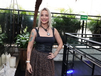 Any Barrios poses for photos during the 'Podcast Linea Morada' press conference at Terraza Bichicori in Mexico City, Mexico, on October 4, 2...