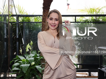 Gabriela Carrillo poses for photos during the 'Podcast Linea Morada' press conference at Terraza Bichicori in Mexico City, Mexico, on Octobe...