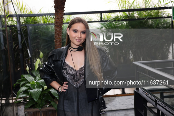 Ana Sofia Durand poses for photos during the 'Podcast Linea Morada' press conference at Terraza Bichicori in Mexico City, Mexico, on October...