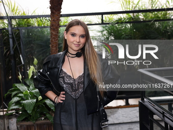 Ana Sofia Durand poses for photos during the 'Podcast Linea Morada' press conference at Terraza Bichicori in Mexico City, Mexico, on October...