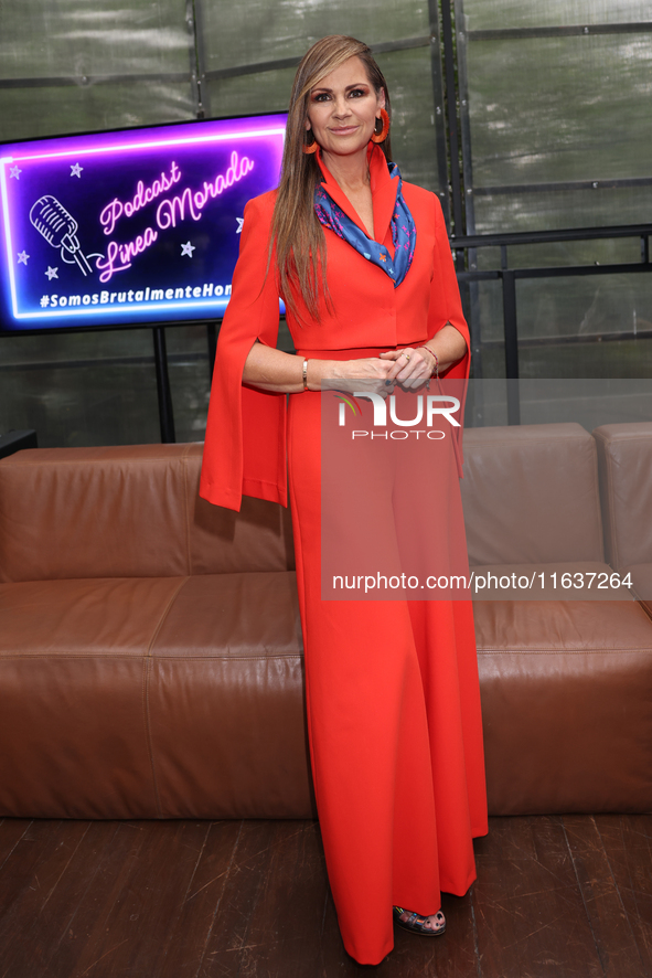 Luz Blanchet poses for photos during the 'Podcast Linea Morada' press conference at Terraza Bichicori in Mexico City, Mexico, on October 4,...