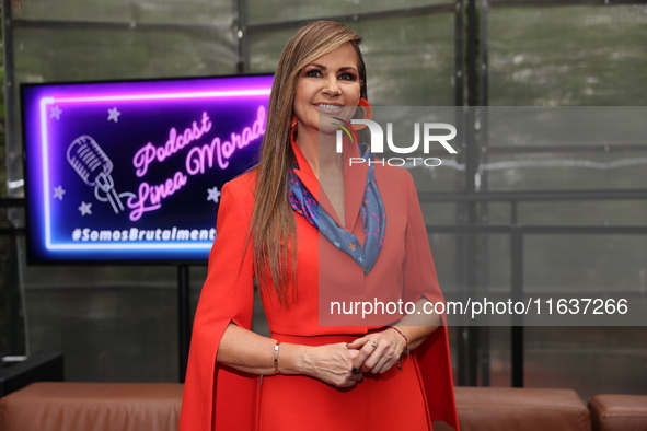 Luz Blanchet poses for photos during the 'Podcast Linea Morada' press conference at Terraza Bichicori in Mexico City, Mexico, on October 4,...