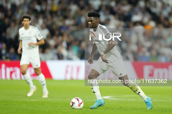 Aurelien Tchouameni defensive midfield of Real Madrid and France during the La Liga match between Real Madrid CF and Deportivo Alavés at Est...